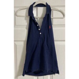 Ralph Lauren Polo Halter Top Navy Blue Y2K Preppy Tennis Open Back M Vintage